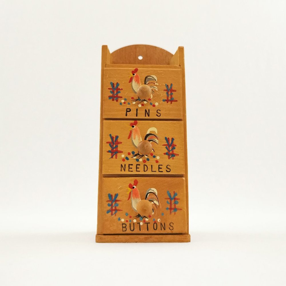 Vintage Sewing Notion Organizer Painted Rooster Wood Drawers Napco Giftcraft